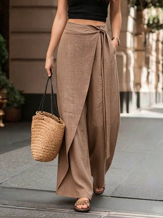 Pants - Brown Casual Elegant Women's High-Waist Wrap Wide-Leg Skort Pants
